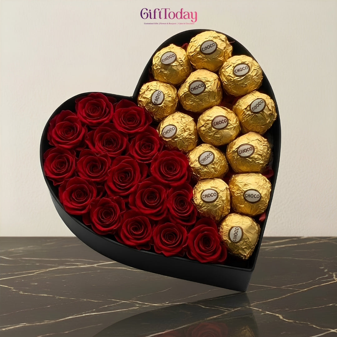 Heart-Shaped Chocolate Box | Roses & Premium Chocolates Gift