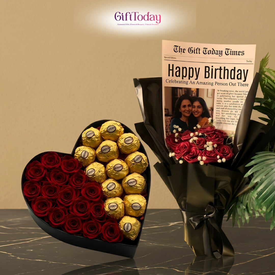 Heart-Shaped Chocolate Box with Custom Photo Bouquet & Roses