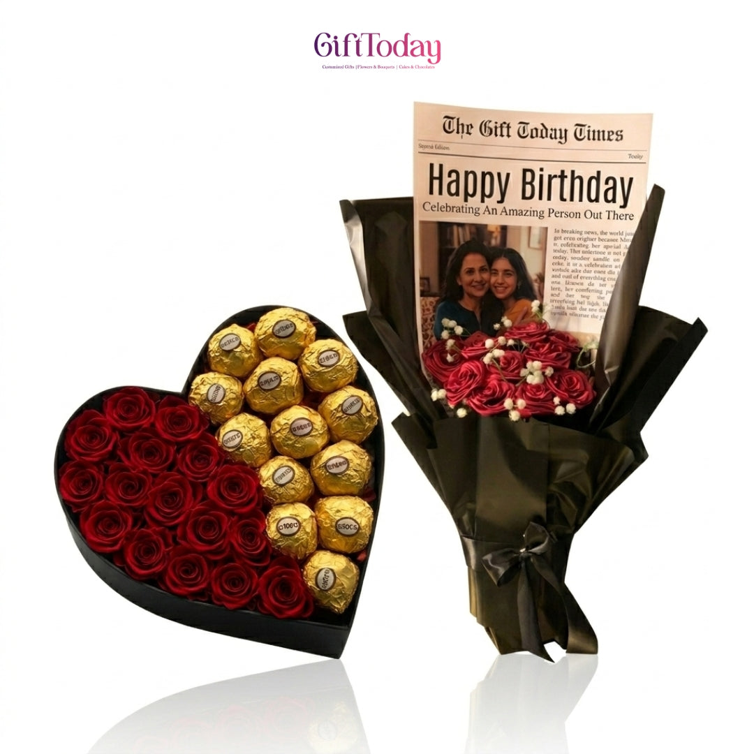 Heart-Shaped Chocolate Box with Custom Photo Bouquet & Roses